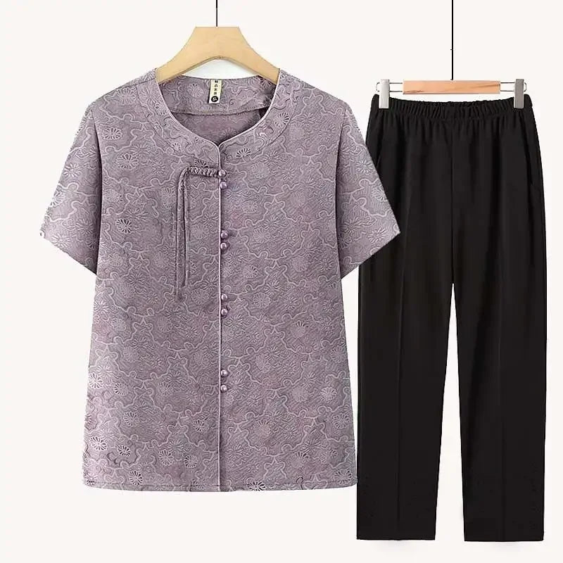 Women's New Chinese Style Short Sleeve Shirt Pants Set Summer Casual Two Piece Outfit for Elderly Mothers