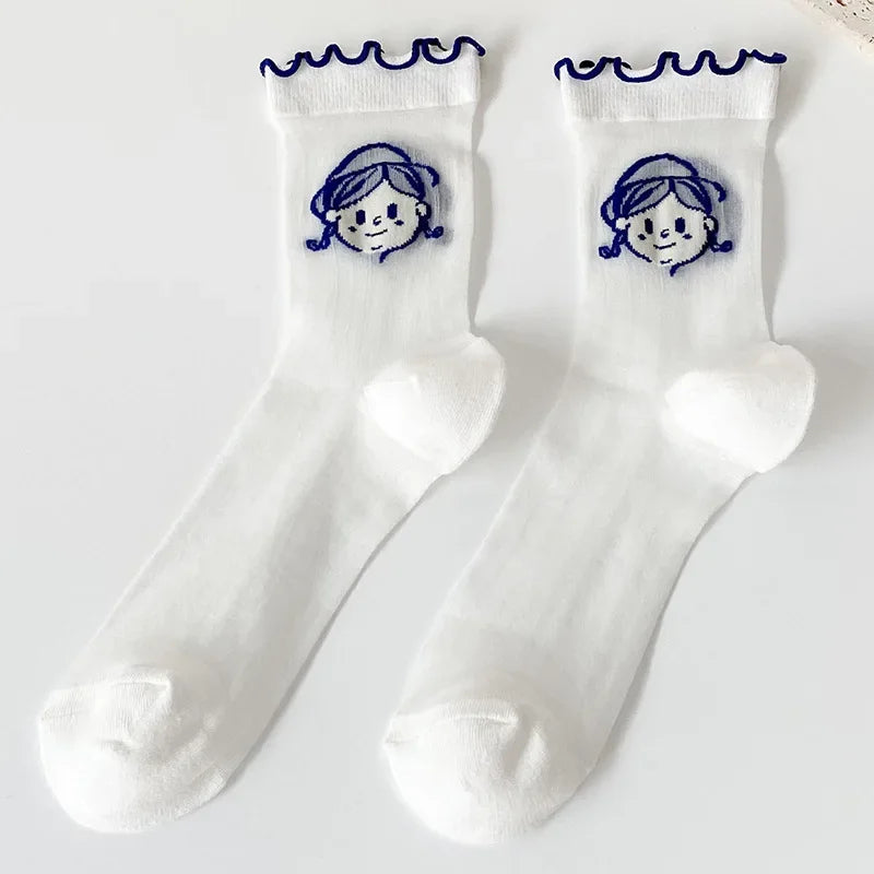 Transparent Crystal Silk Socks Women Fashion Ultra-thin Summer Harajuku Crew Socks Flower Streetwear Elastic Long Mesh Socks