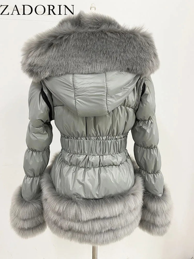 ZADORIN Winter Coat Women New Fashion Faux Fur Coat Detachable Sleeves Hood Duck Down Coats Hooded Black Puffer Jacket Outwear