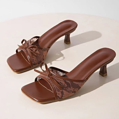 Fancy Lace Flower Mule Sandals Woman Square Toe Kitten Heel Slide Slippers Ladies Black Brown Net Bowknot Design Party Shoes