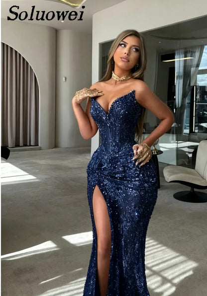Customized Elegant Strapless Sweetheart Evening Dresses Corset Beaded Slit Luxury Mermaid Formal Prom Gown Vestidos De Noche