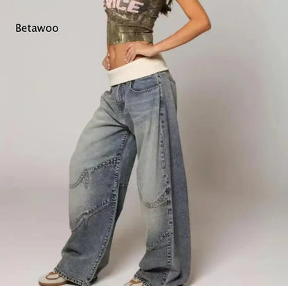 Women Vintage Two-Tone Patchwork Baggy Wide Leg Jeans Curved Contrast Stitch Loose Full Length Streetwear Denim Pants