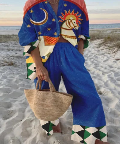 Fashion Print Beach Holiday 2-Piece Set Women Spring Summer Long Sleeve Shirt Top + Wide Legs Women's Oversized Two-Piece Outfit