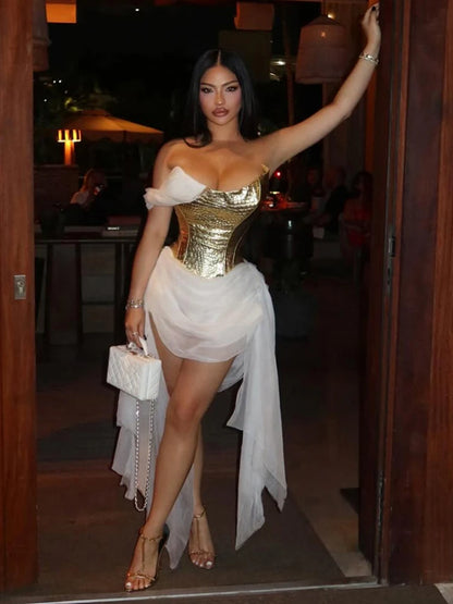 Weird Puss Patchwork Corset Dress Women Zip Irregular Tassel Mesh Ribbon One-Shoulder Birthday Stretch Clubwear Mini Bodycon