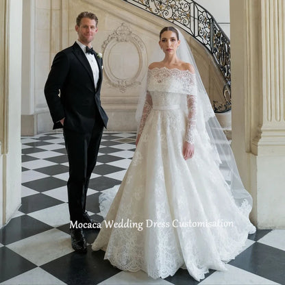 Mocaca Customized White Off the Shoulder Wedding Dresses Lace Long Sleeves Elegant Court Train Bridal Gowns A-Line Wedding Gowns
