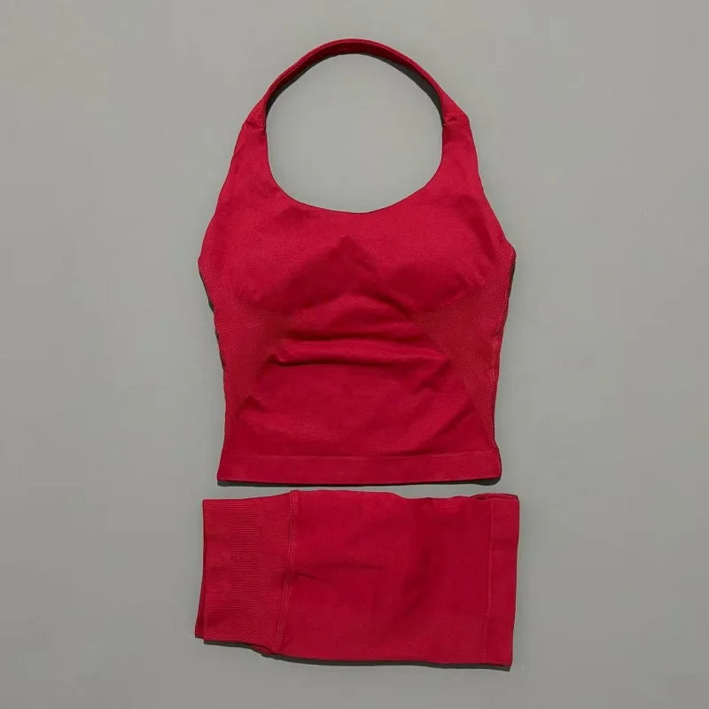 2 Pieces Shorts Yoga Set Women Backless Halter Tops High Waist Seamless Shorts Gym Suit Fitness Sportswear Workout Sets