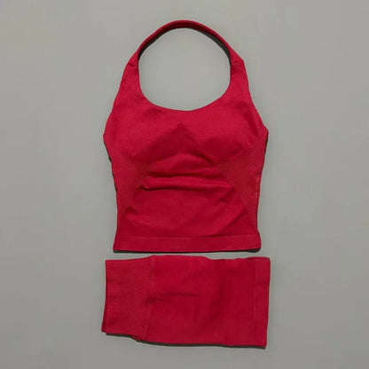2 Pieces Shorts Yoga Set Women Backless Halter Tops High Waist Seamless Shorts Gym Suit Fitness Sportswear Workout Sets