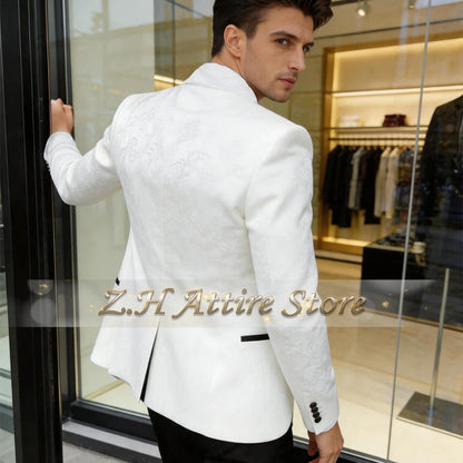 Premium Men's Jacquard Suit White 3pcs Set Wedding Groom Tuxedo Shawl Collar Formal Jacket Vest Pants Beach Party Custom Attire