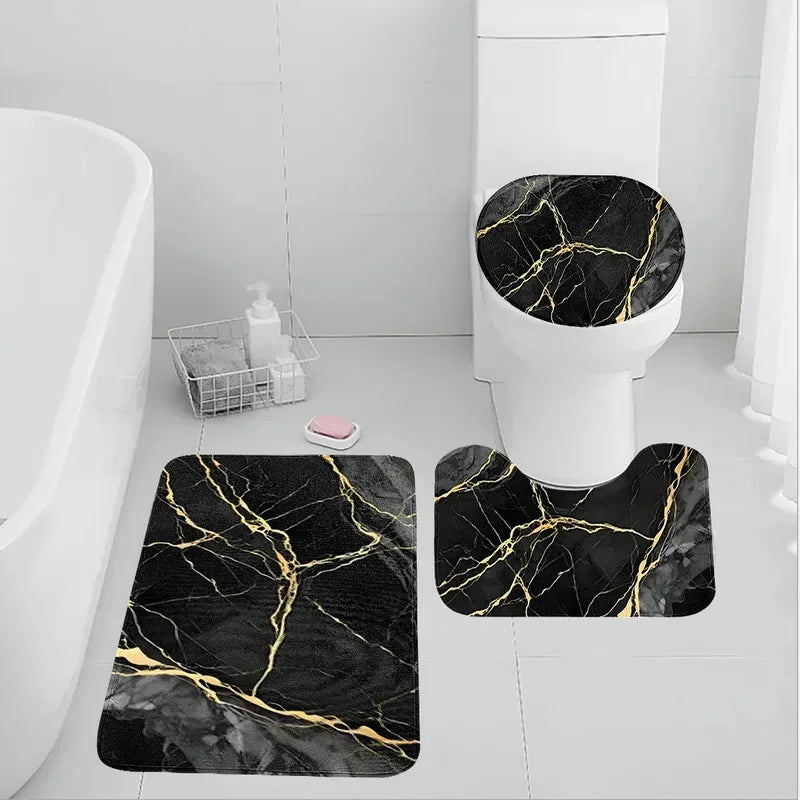 VIKAMA Gold Marble Bath Mat Set, 3PCS Non-Slip Absorbent Rugs for Bathroom Floor, Shower, Toilet