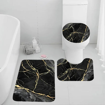 VIKAMA Gold Marble Bath Mat Set, 3PCS Non-Slip Absorbent Rugs for Bathroom Floor, Shower, Toilet