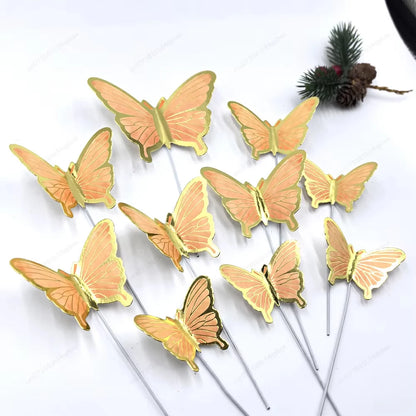 DIY Stamping Gold Pink Butterfly Cake Toppers Happy Birthday Cake Decoration Wedding Party Decor Shower Dessert Baking Supplies