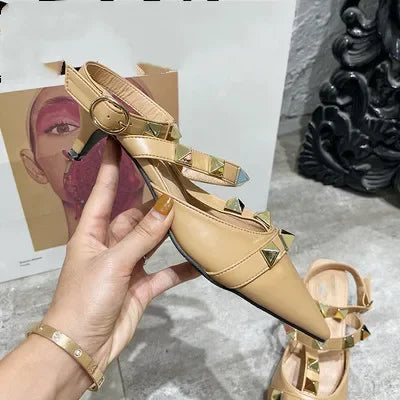 2024 New Rivet Pointed Thin Heel Baotou Half Slipper Female Middle Heel Shallow Mouth Lazy Mueller Shoes