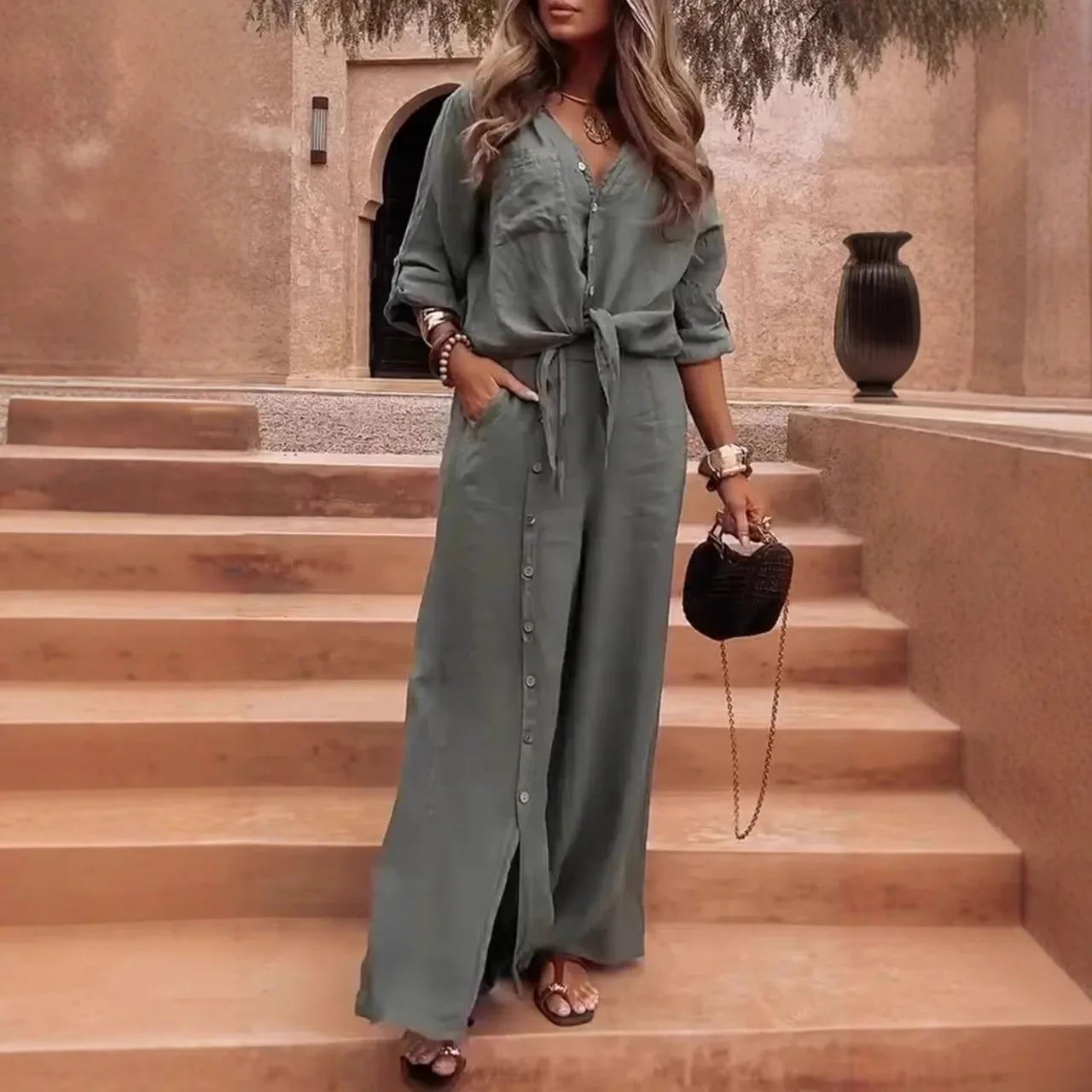 2026 New Fashion Casual Irregular Two-piece Sets Loose Short-sleeved Mid-sleeve Shirt Blouse Button-down Wide-leg Pants Suits