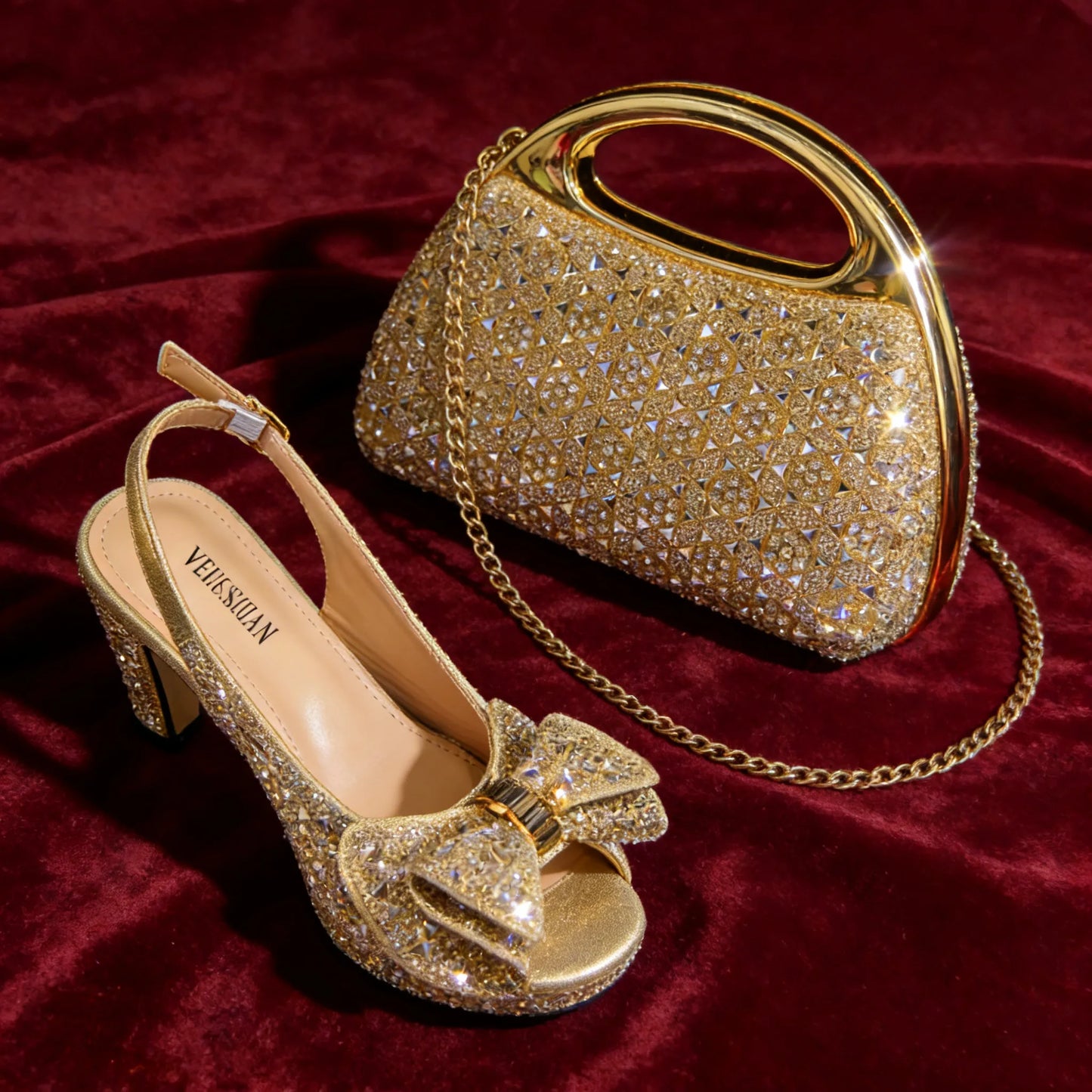 Venus Chan 2026 Elegant Women's Rhinestone Peep Toe High Heels Sandals - Italian Design with Matching Blue Handbag