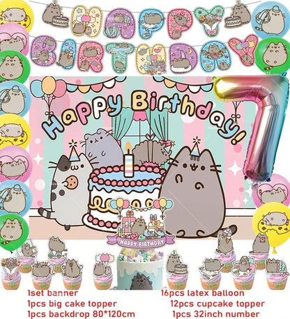 The Pusheen Cat Balloons Birthday Decoration Party Supplies Cartoon Grey Pet Fat Cat Theme Banner Backdrop Cake Topper Sticker