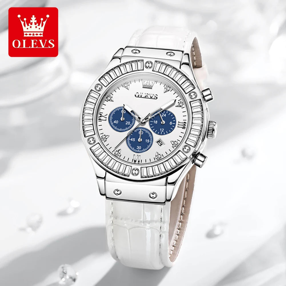 OLEVS 9978 Women Watch Original Quartz Watch Waterproof Leather Strap Multifunctional Chronograph Watch Bracelet Set Gifts Box
