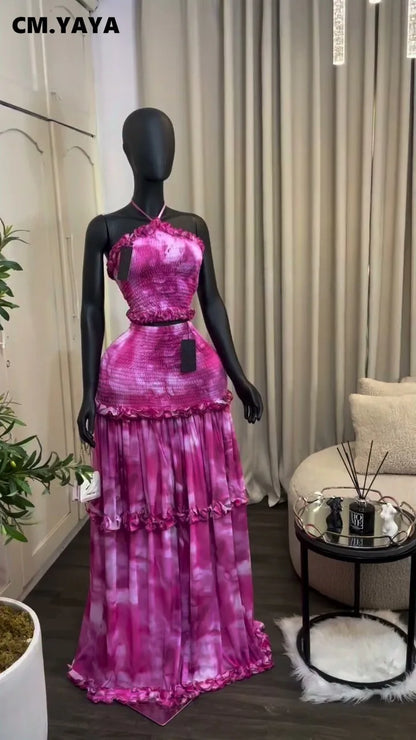 CM.YAYA Women Set Tie Dye Print Sleeveless Halter Crop Tops +Ruffles Long Skirt 2026 Summer Beach Vacation Two Piece Set Outfits