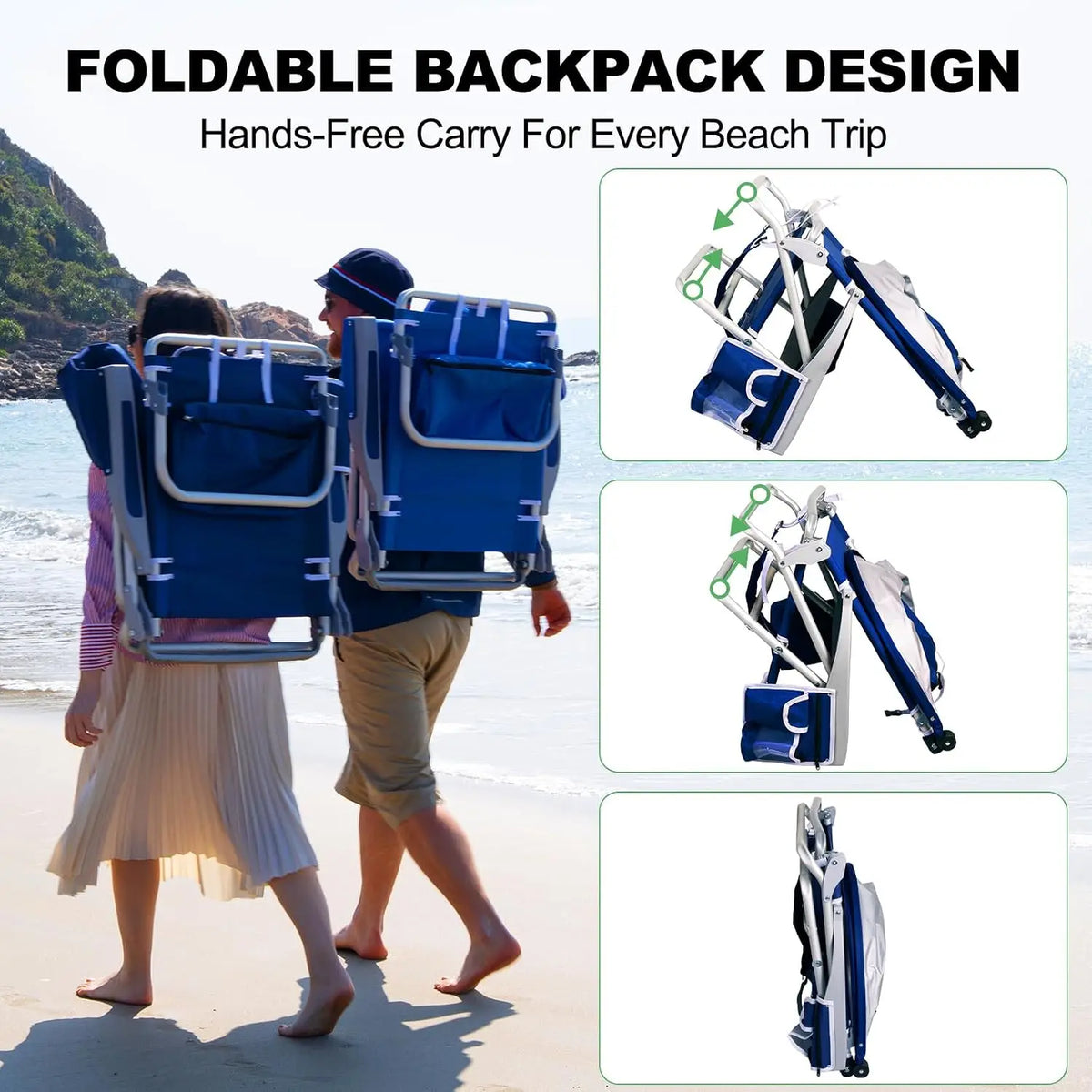 Extra Wide Beach Chair with Canopy Shade, 2 Pack Aluminum Folding Chairs with Detachable & Adjustable Umbrella, 5-Position Lay Flat, Cooler Bag, Cup & Phone Holder, Towel Bar, Royal Blue