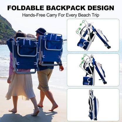 Extra Wide Beach Chair with Canopy Shade, 2 Pack Aluminum Folding Chairs with Detachable & Adjustable Umbrella, 5-Position Lay Flat, Cooler Bag, Cup & Phone Holder, Towel Bar, Royal Blue