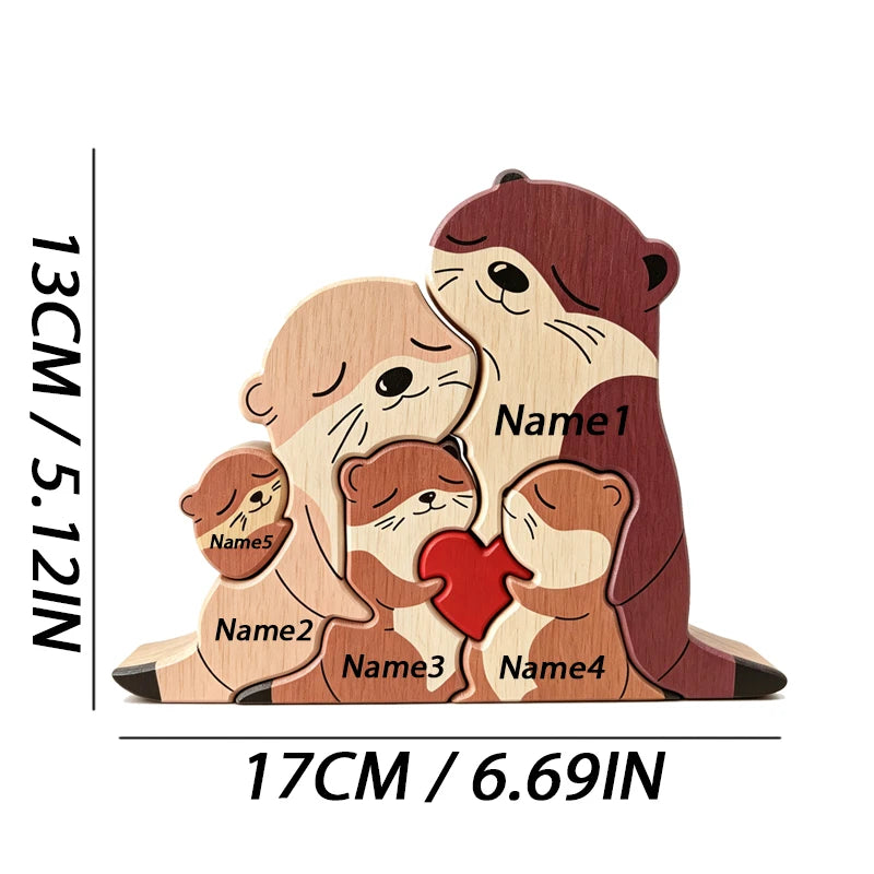 Cute Otter Family Wood Puzzle Ornament Red Heart Tabletop Decor Mother's Day Christmas Birthday Home Office Souvenir Gift