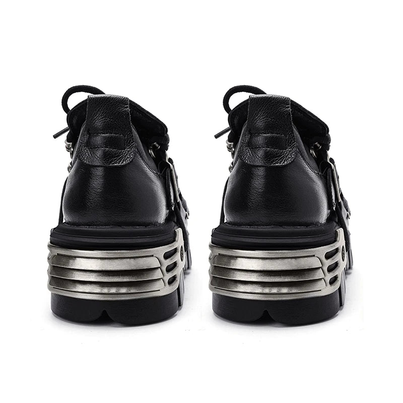 Platform Metal Punk Flats Cross Tied Buckle Single Shoes Zip Round Toe Gothic Runway Casual Women Shoes Goth Black Chunky