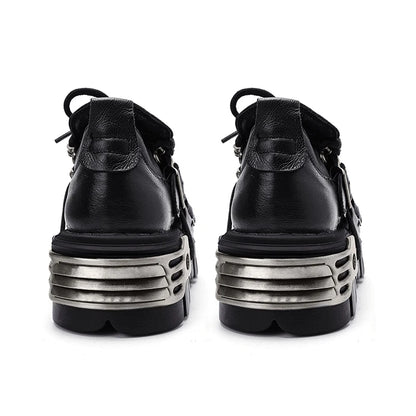 Platform Metal Punk Flats Cross Tied Buckle Single Shoes Zip Round Toe Gothic Runway Casual Women Shoes Goth Black Chunky