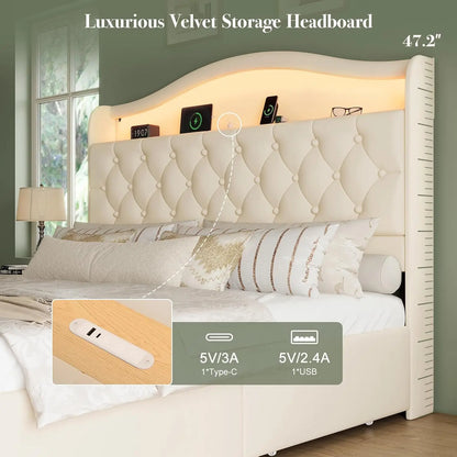 Queen Size Bed Frame and Headboard & 4 Storage Drawers, Upholstered Platform Bed Frame with RGB LED Lights &, Customized