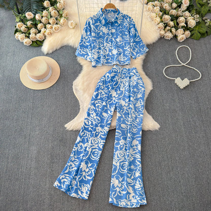 Beach Style Fashion Printed Women Pant Sets 2pcs Short Chiffon Shirts+Wide Leg Pants 2025 New Summer Casual Loose Female Suits