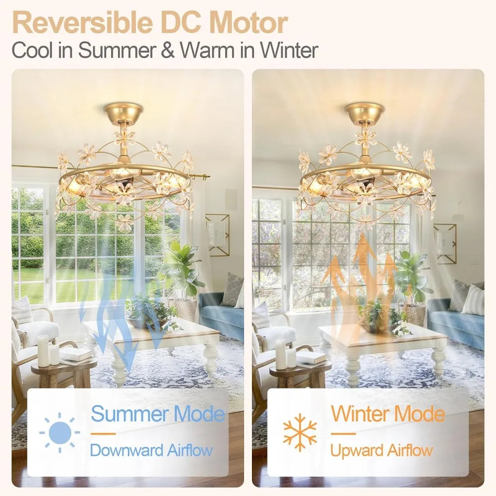 20" Gold Chandelier Ceiling Fan with Lights and Remote Control - Modern Flower Fandelier for Bedroom Living Room Kitchen