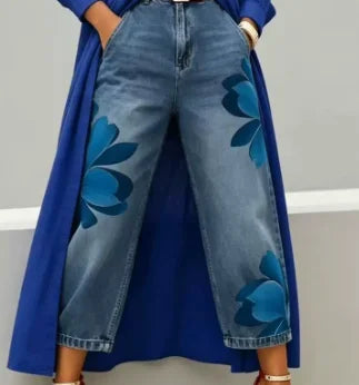 Women's Print High Waist Jeans And Shirts Dress  Loose Wide Leg Denim Pants Casual Trendy Trousers And Maxi Dress Women Clothing
