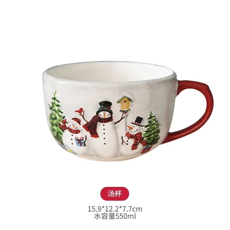 Nordic creative Christmas Snowman bowl plate cutlery set Western ceramic dinner plates Home rice salad bowl cup Christmas gift