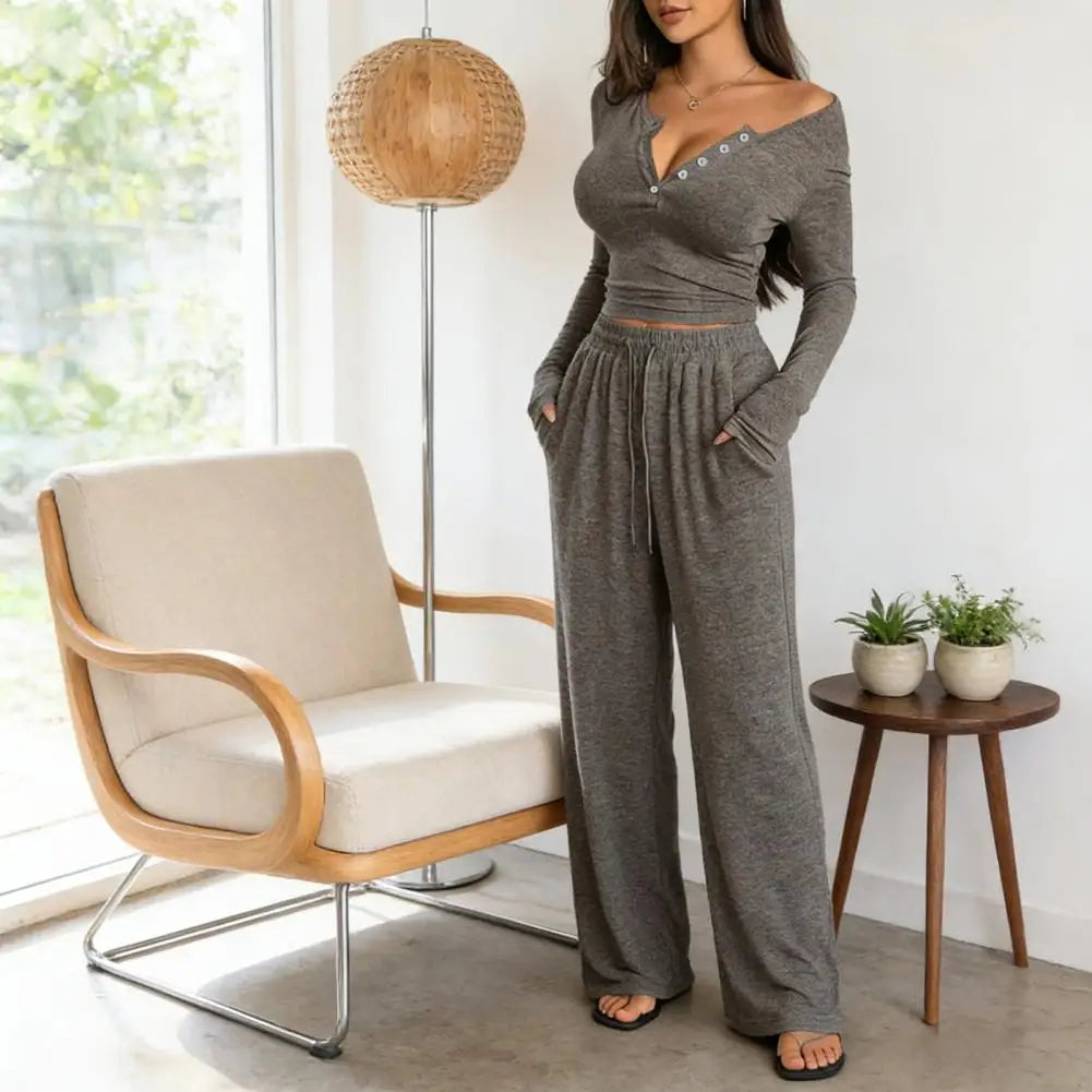 Button Up Crop Top & Wide Leg Pants Set, Women's Long Sleeve Matching