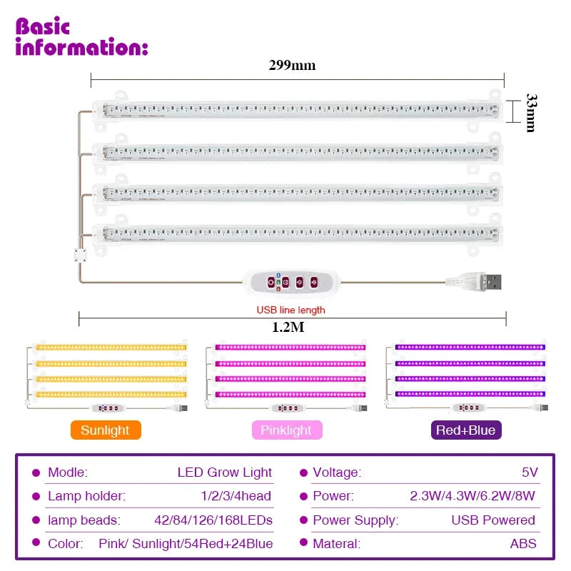 LED Grow Light 5V USB Plug Full Spectrum Led Bar Lamp for Plants High Luminous Efficiency 30cm for Grow Tent Greenhouses Flowers