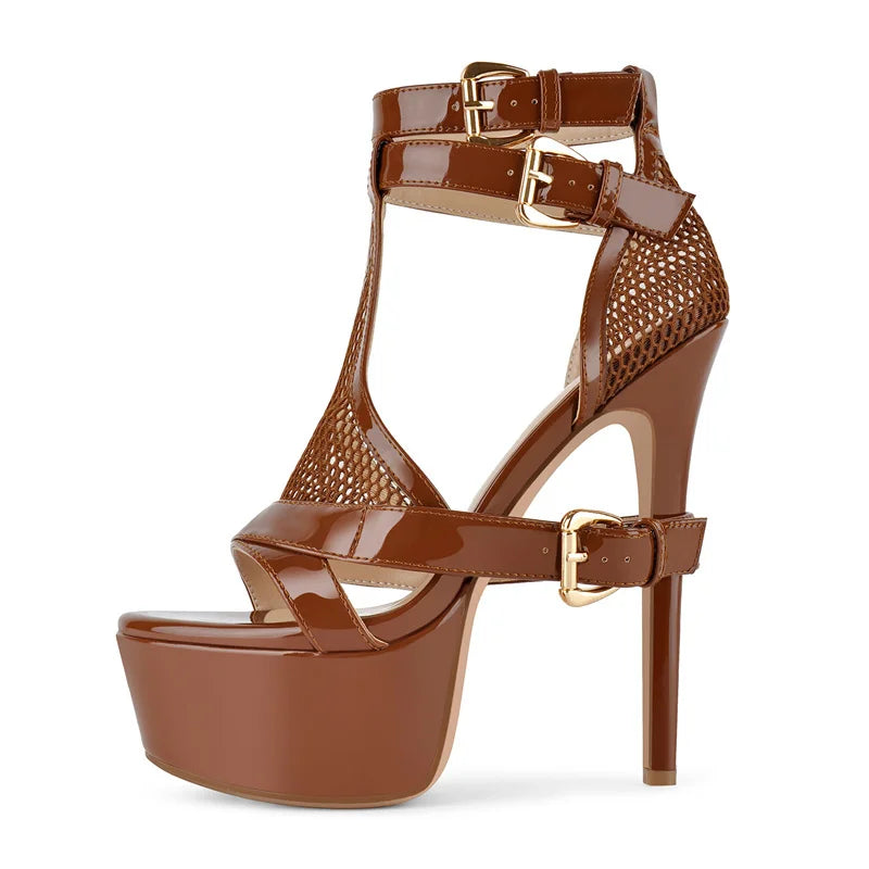 Onlymaker Women Yellow Mesh Buckle Peep Toe Platform Sandals Thin Heels Ankle Strap Buckle Dress Sexy Party Stiletto Sandals