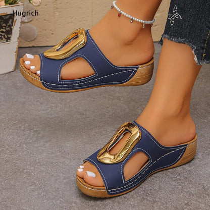 Fashion Hollow Out Wedge Sandals Oversized Gold Metal Decor Open Toe Slip On Platform Sole Outdoor Vacation Footwear