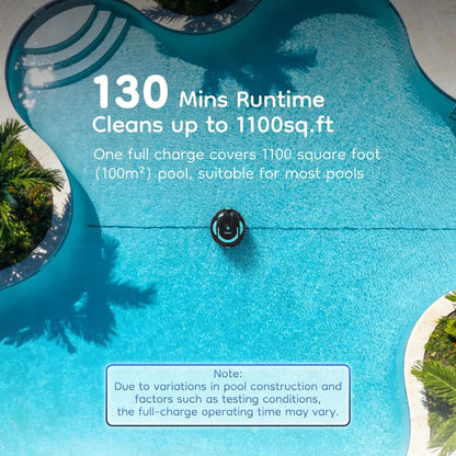 Cordless Robotic Pool Cleaner Featuring an Ultra-Long 160-Minute Battery Life, IPX8 Waterproof Rating, and Powerful Suction; Capable of Cleaning Pools up to 1,100 Square Feet, It Comes with a Retrieval Rope and Cleaning Brush