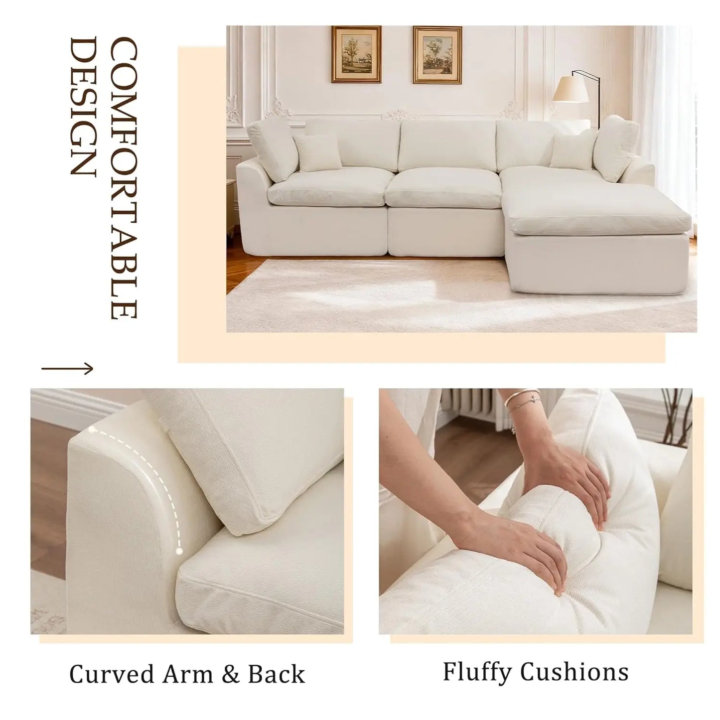110" Modular Sectional Sofa with Ottoman, Deep Seat Fluffy Chenille L-Shape Couch for Living Room, Beige, Customized