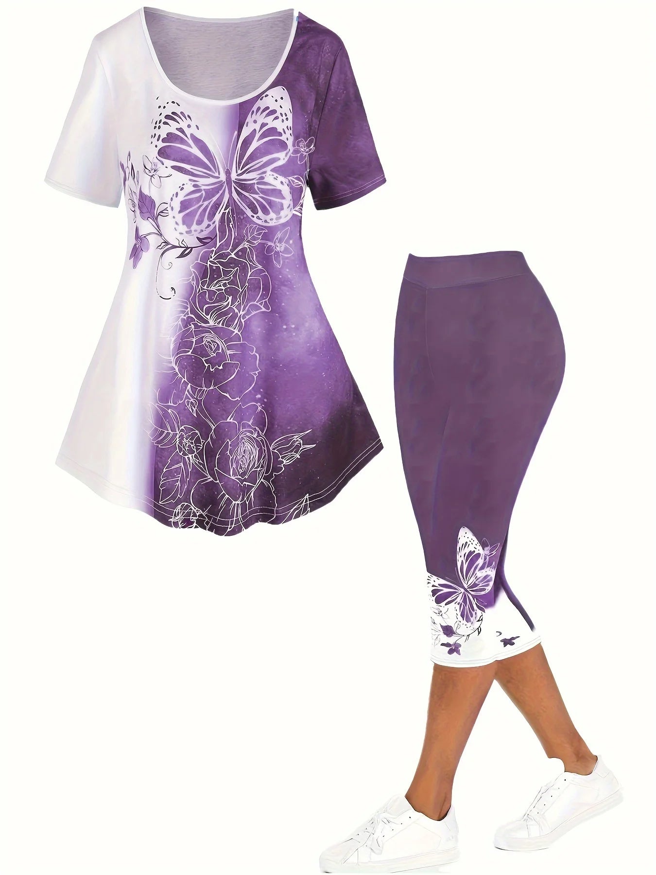 Plus Size Matching Sets Summer Female Large Size Blue Butterfly Print Color T-Shirt Short Sleeve Print Pants Casual Two-Piece Se