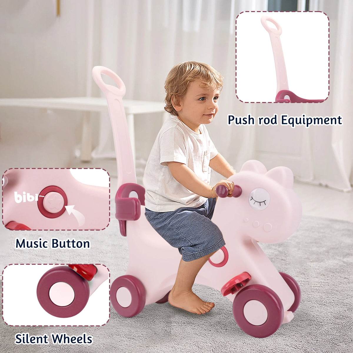Toddler Rocking Horse Ride‑On Toy, Convertible Baby Rocker & Sliding Car with Backrest, Safe Indoor Play Gift for 1‑3Y Kids Boys Girls