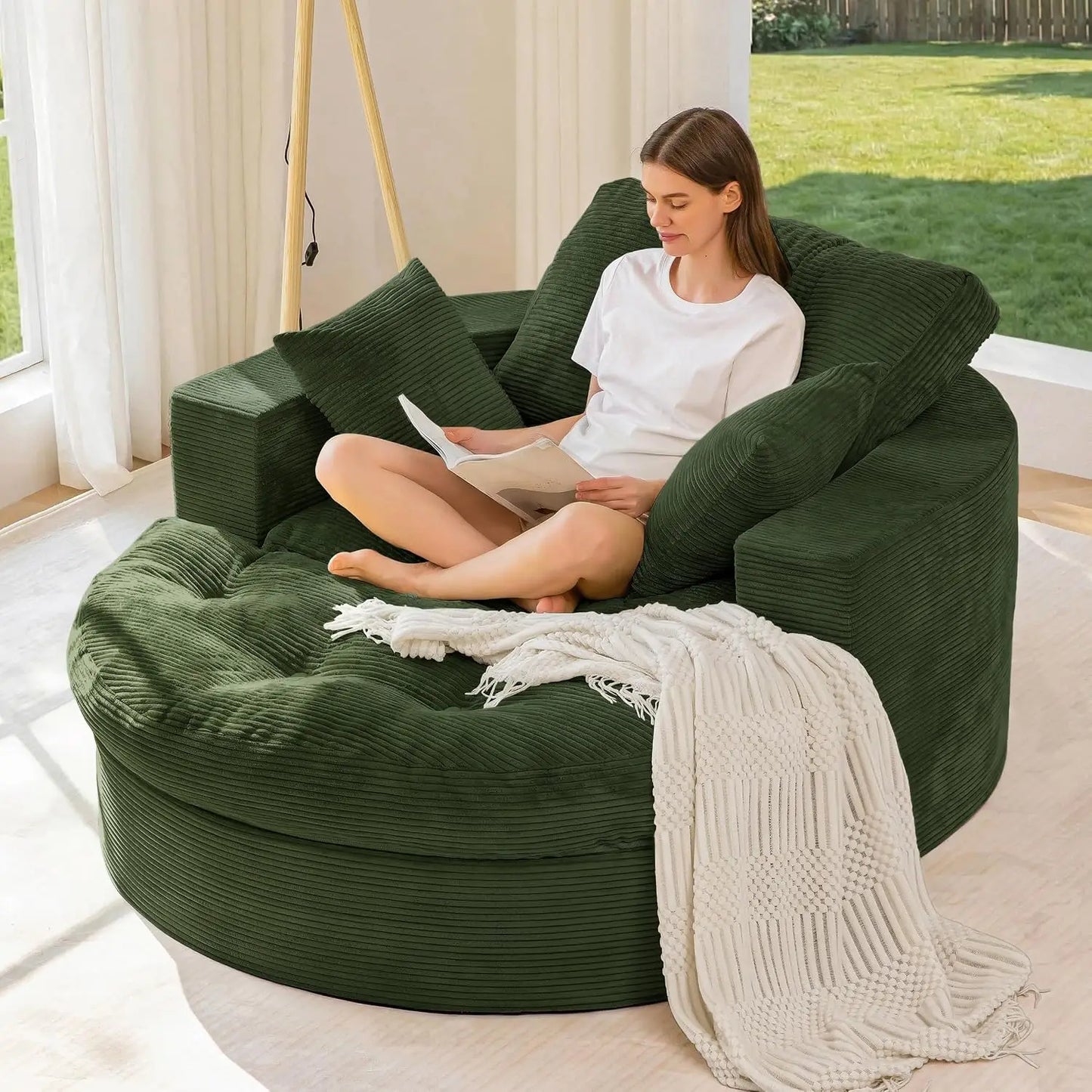 Oversized Round Chaise Lounge Sofa, Boneless Chair with Ottoman | Beige Upholstered Reading Chair Has a Deep Seat and 3, Custom