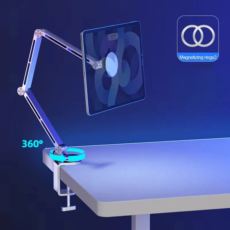 Magnetic Tablet Stand Holder Tablet Desk Mount Adjustable Foldable Tablet Arm Mount with 360° Rotate Base for iPad and IPhones