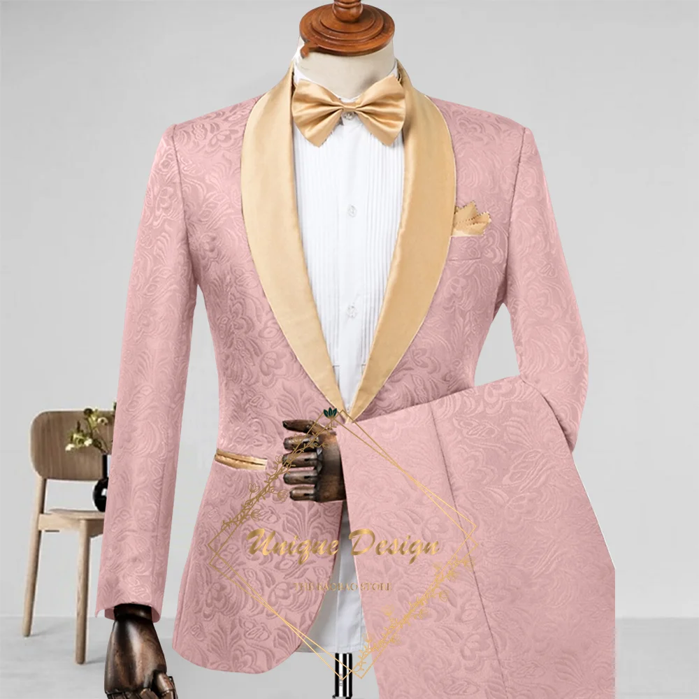 Champagne Men's Suit 2-Piece Set Satin Shawl Lapel Jacquard Jacket Pants Elegant Set for Wedding Groom Summer Party Dating Prom