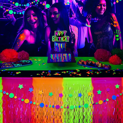 Neon Fluorescent Orange Yellow Fuchsia Wavy Metallic Tinsel Foil Fringe Table Skirts Glow in The Dark Party Supplies Glow Decors