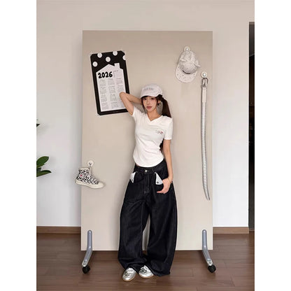 YIBASHU Women Jean Baggy Black Wide Fit Denim Pants Boyfriend Punk Grunge Y2K Japanese Harajuku 2000s High Street American Retro