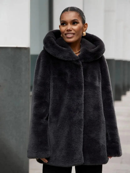 2026 Autumn Winter Women Faux Mink Fur Jacket Hooded Lapel Collar Open Front Mid Long Fluffy Coat