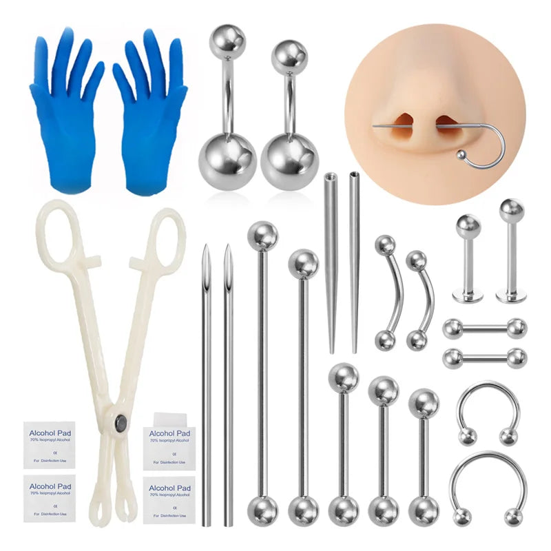 Sterile Body Piercing Tool Kit Surgical Steel Piercing Needles Clamp Pliers Gloves Set Pull Pin Lead Tool Lip Nose Belly Jewelry