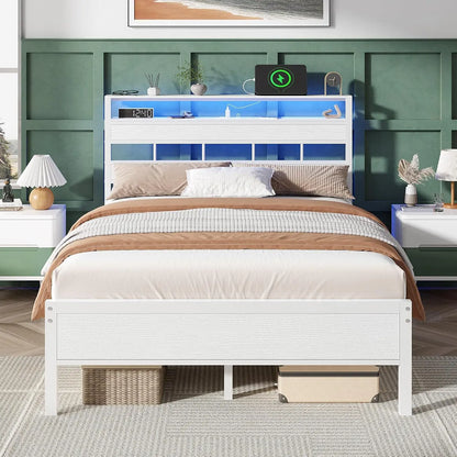Full Bed Frame & Wood Storage Headboard,LED Light & Charging Station,2-Tier Shelves,Metal Platform,Bedroom,Full, Custom