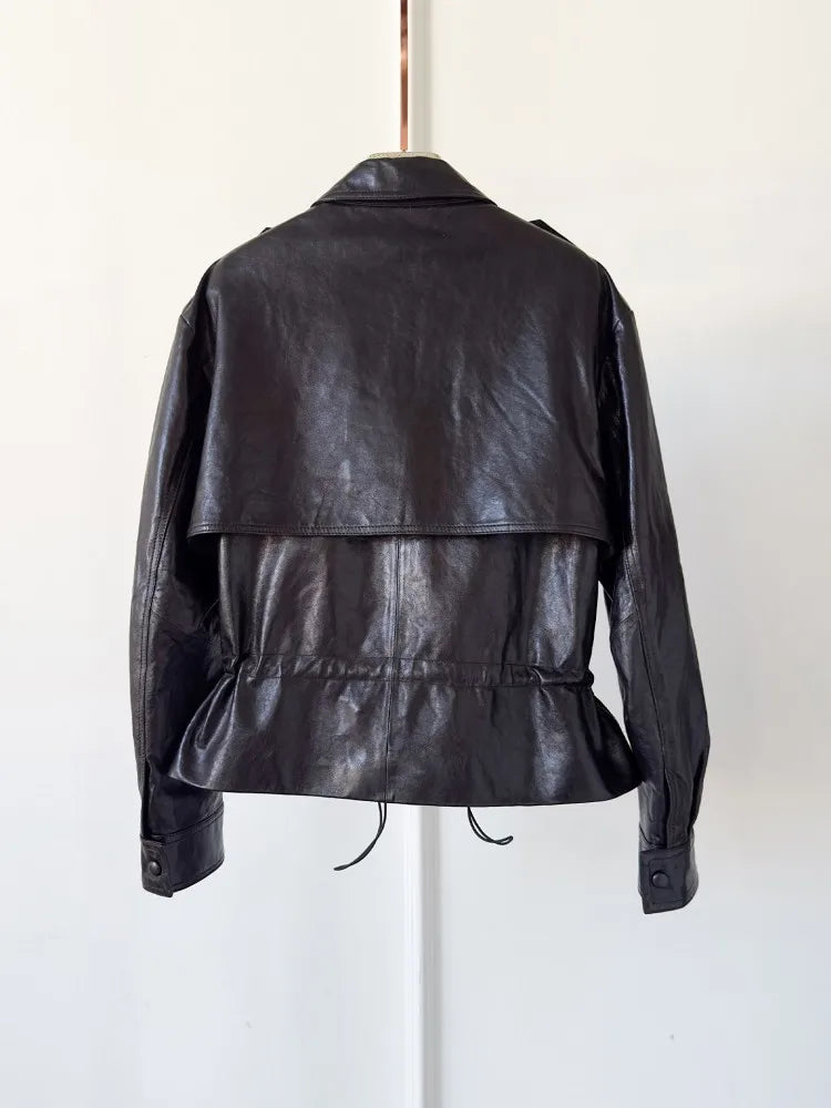 High Quality Chic Ladies Genuine Leather Short Jacket Zipper Turndown Collar Women Retro Oil Wax Sheepskin Jackets Casual Coat