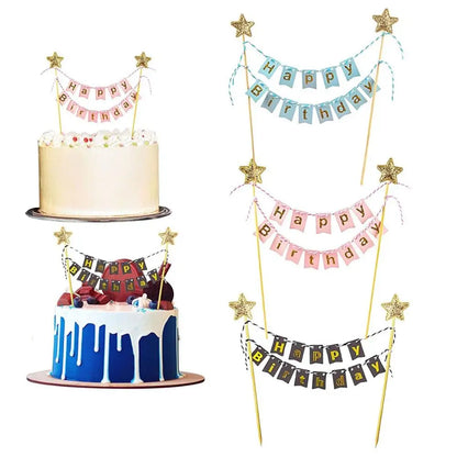 Happy Birthday Cake Flags DIY Gold Stars Bunting Banner Kids Adults Baking Decoration Baby Shower Party Supplies