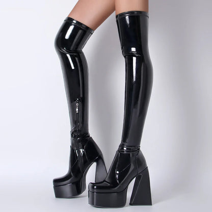 Women's Black Pyramids High Heels Thigh High Boots Sexy Platform White Over The Knee Party Shoes High Quality Big Size 43